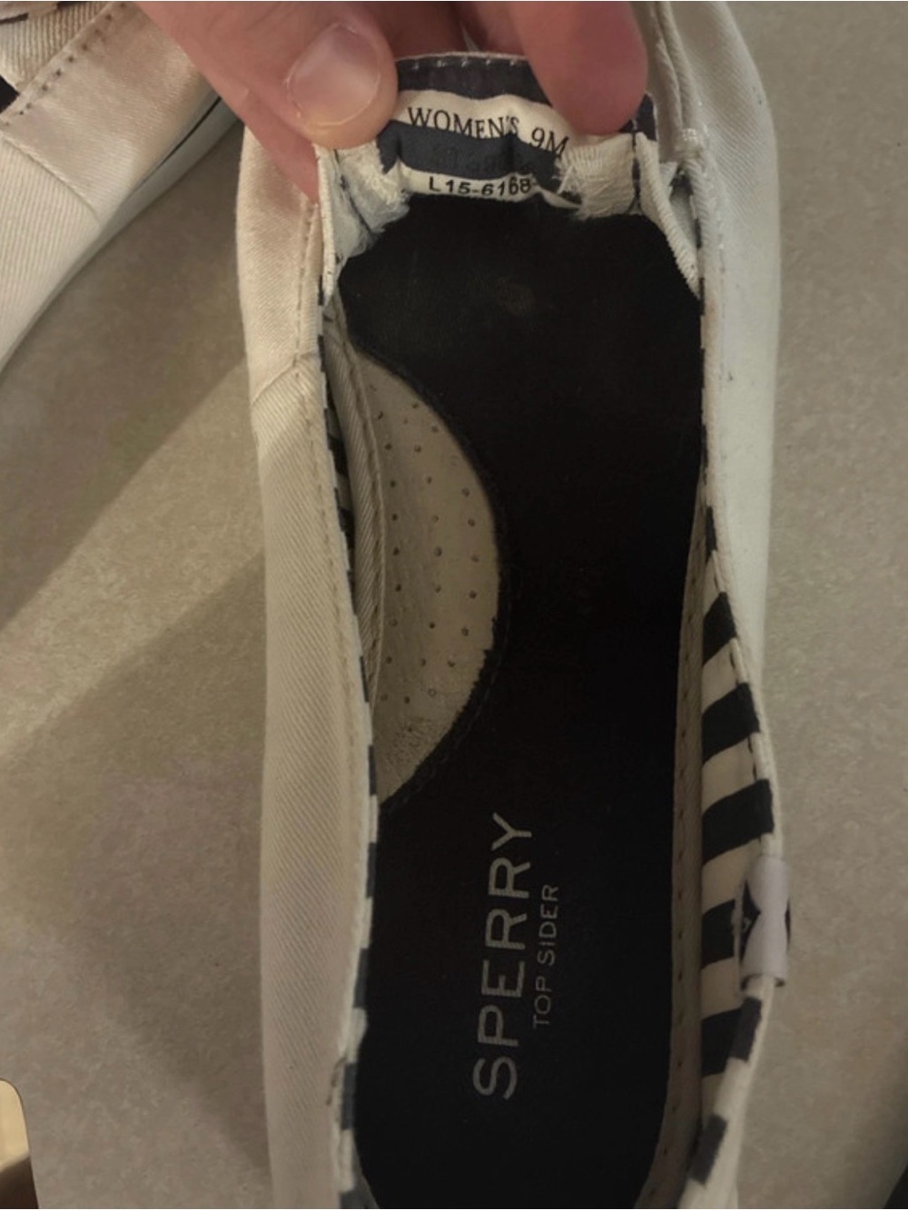 Sperry Women's Cream Canvas Slip-On Loafers with Navy Stripe Lining - Picture 4 of 5